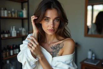 Femme examinant un tatouage dans un studio de tatouage