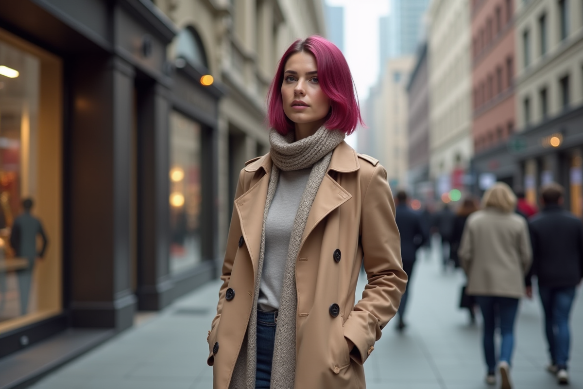 Femme en trench beige et foulard dans la ville