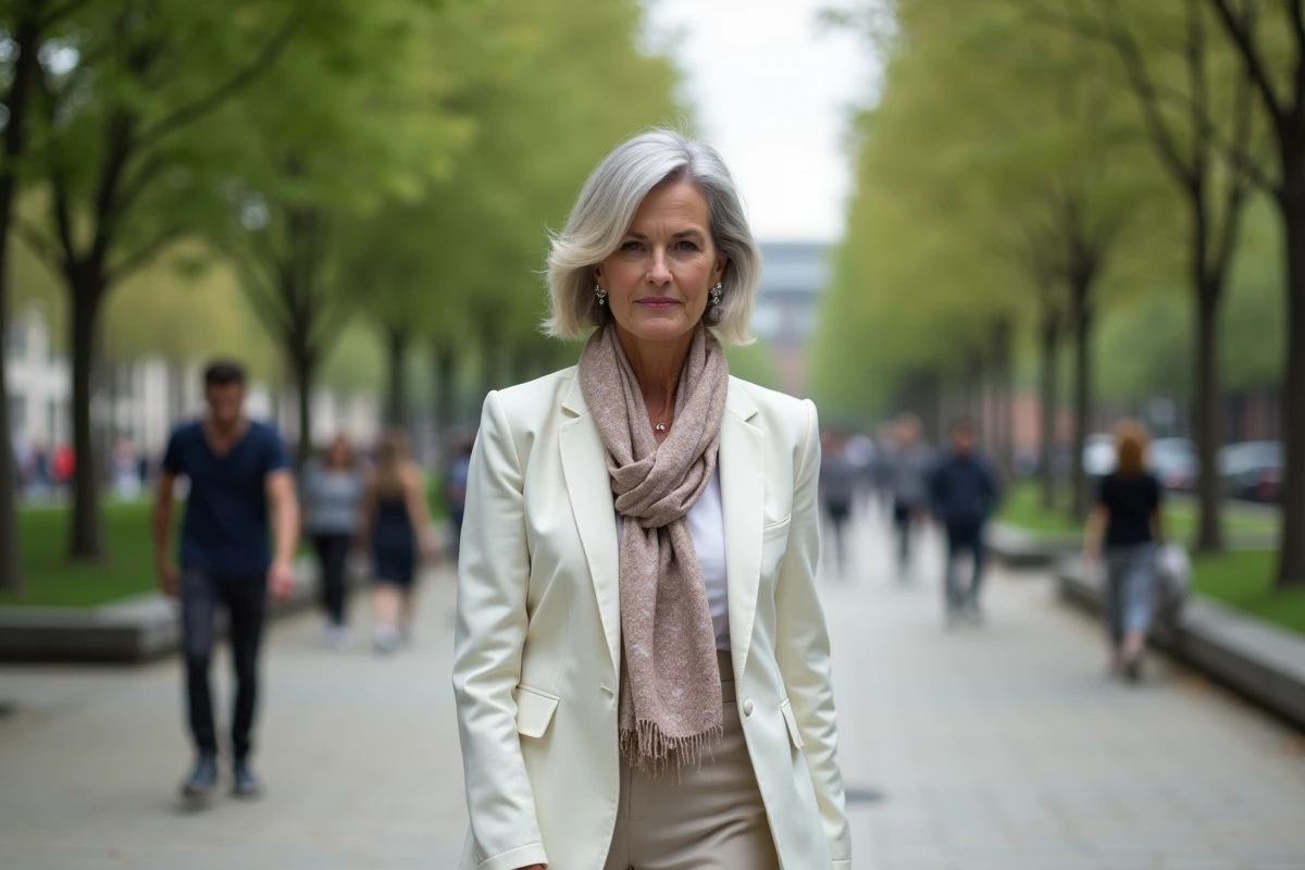 Femme sophistiquée marchant dans un parc urbain