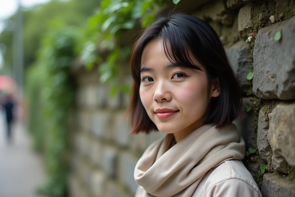 Femme avec coupe courte devant un mur de pierres et vignes