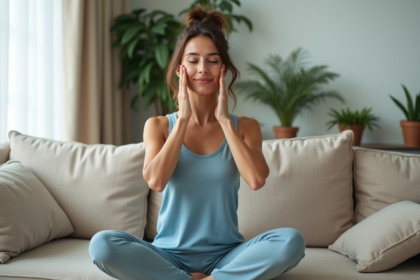 Femme faisant un exercice de yoga facial dans un salon moderne