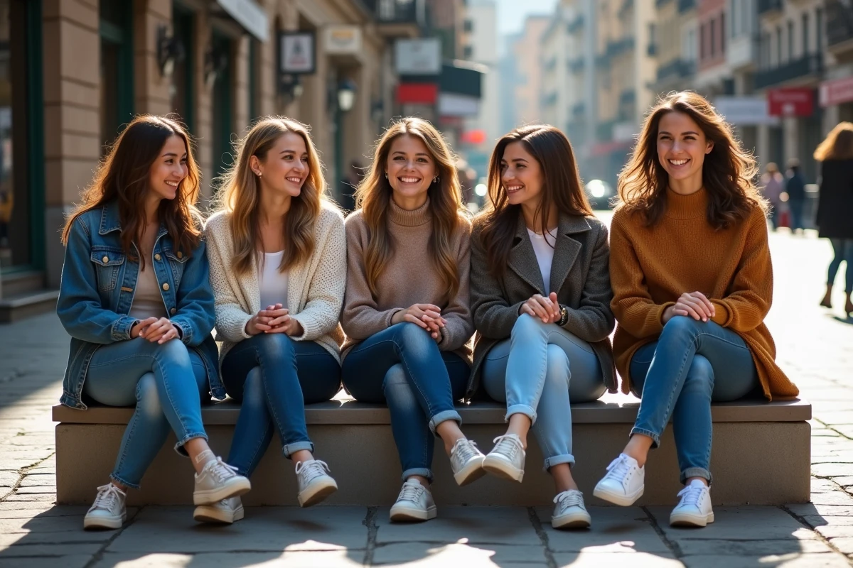 Groupe de femmes diverses discutant sur un banc en ville ensoleillee