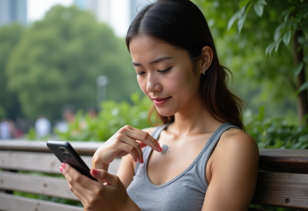 Jeune femme en plein air regardant des designs de tatouage
