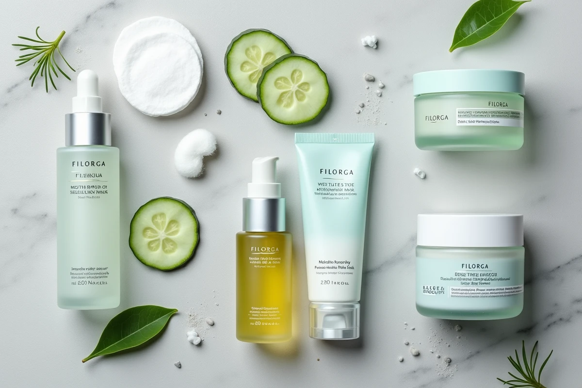 Mise en scène flat lay de produits Filorga pour peau mixte et grasse sur fond de pierre grise