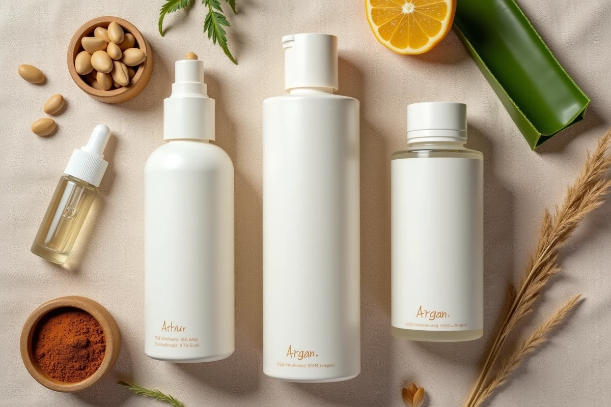 Flat lay de produits protecteurs thermiques naturels et ingrédients botaniques sur tissu lin