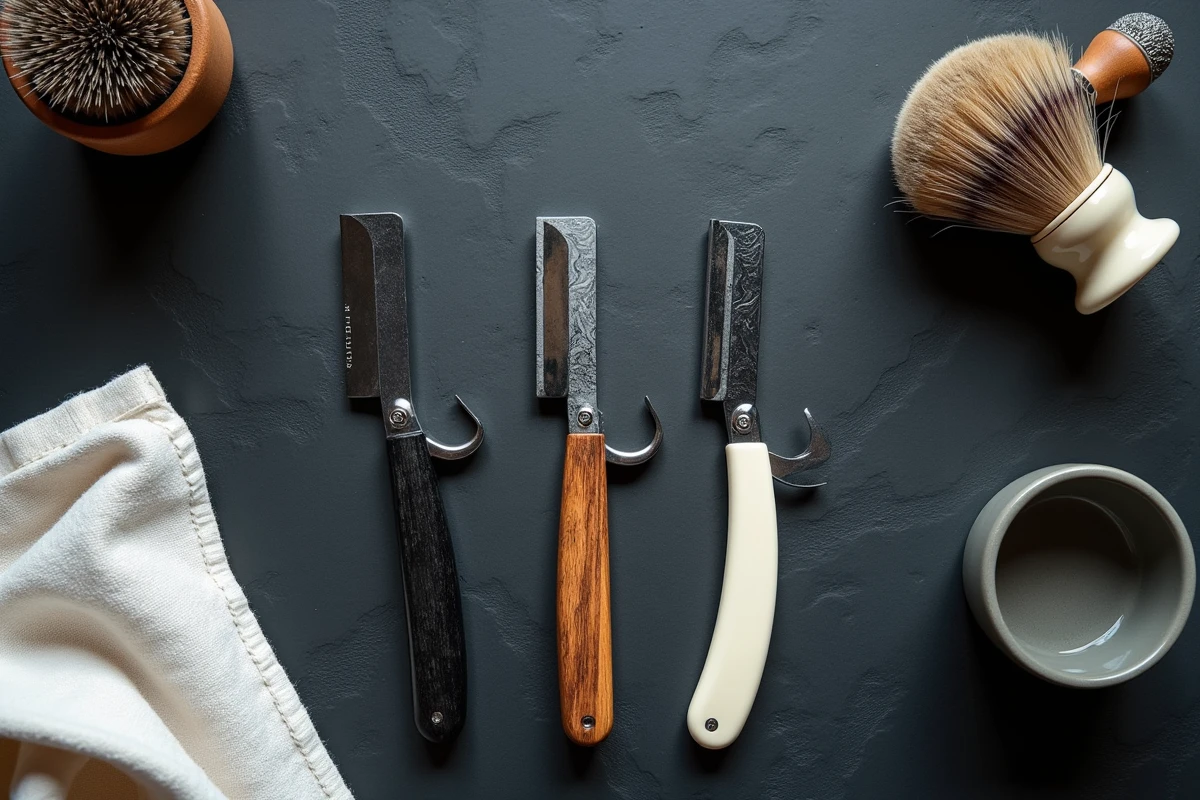 Disposition à plat de trois rasoirs droits aux designs variés avec accessoires de rasage artisanaux sur ardoise sombre