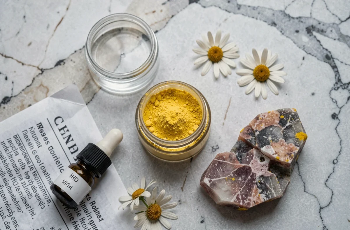 Flat lay de soufre jaune en poudre avec des produits de soin naturels sur surface en pierre