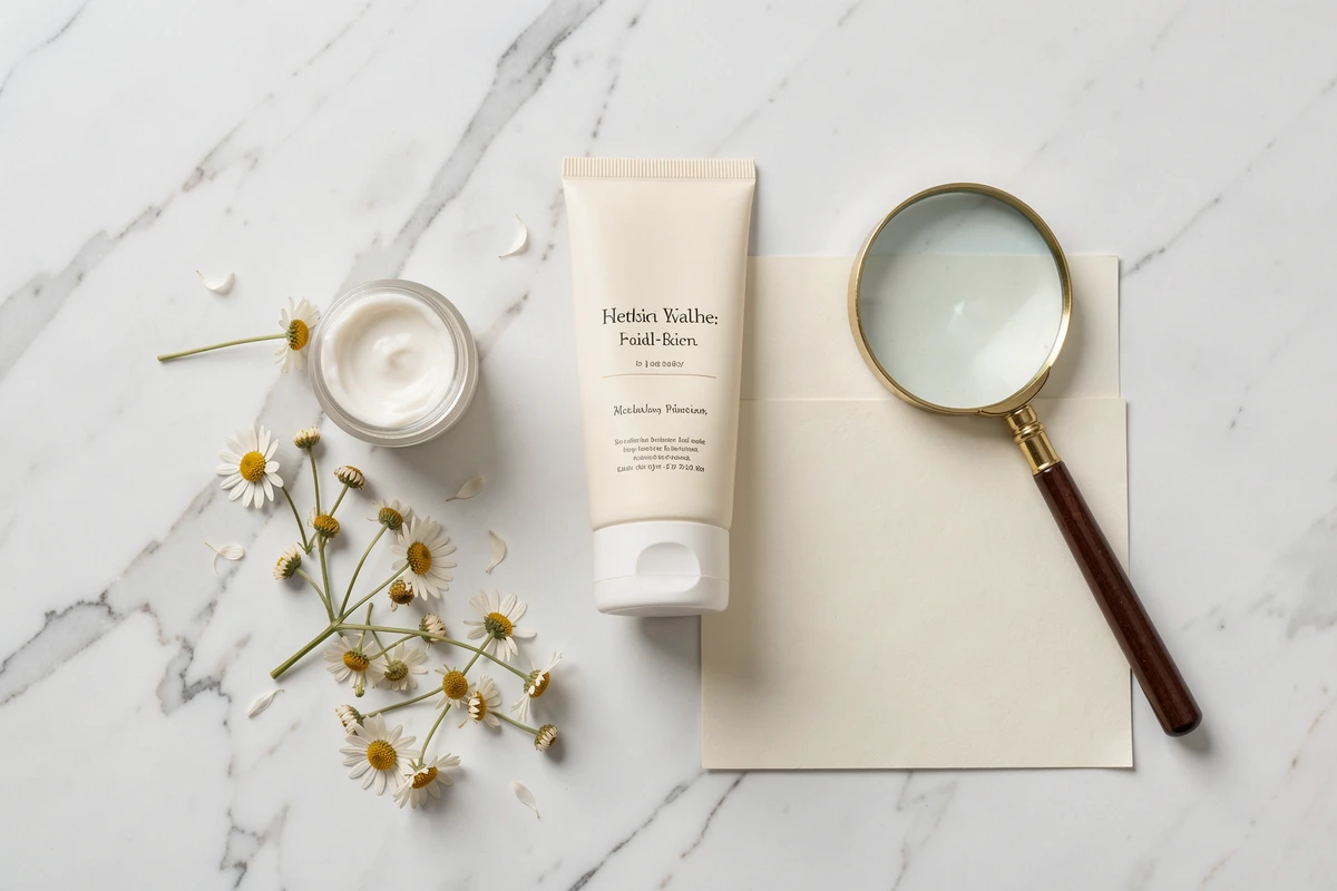 Vue en plat posé d'une crème pour peau sensible avec fleurs de camomille sur marbre blanc
