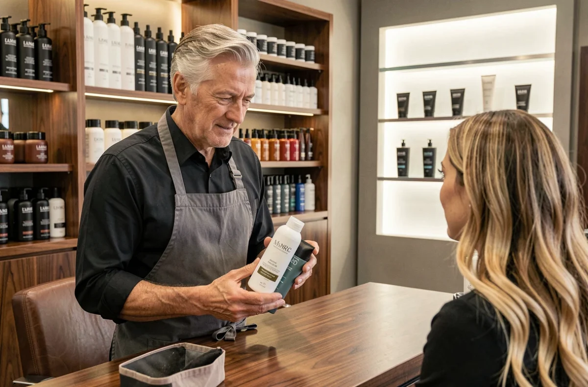 Expert capillaire Fortunat Gérald présentant des produits professionnels à une cliente dans son salon de coiffure