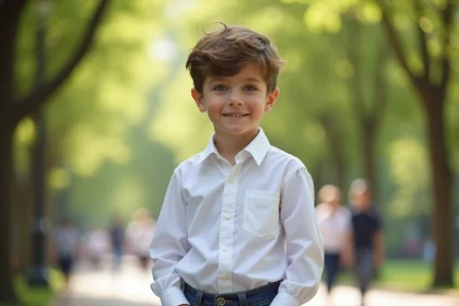 Jeune garçon souriant dans un parc ensoleille