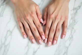 Mains féminines aux ongles courts avec gel rose translucide sur surface en marbre blanc