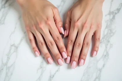 Mains féminines aux ongles courts avec gel rose translucide sur surface en marbre blanc