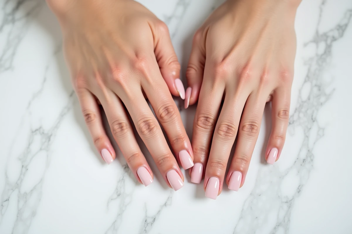 Mains féminines aux ongles courts avec gel rose translucide sur surface en marbre blanc