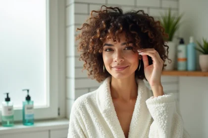 Femme aux cheveux bouclés appliquant du gel en poudre dans sa salle de bain, curl bien définis et naturels