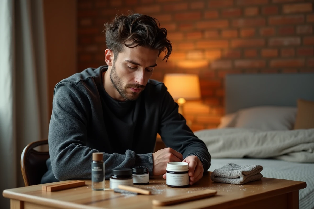 Homme aux cheveux coily tenant un pot de gel en poudre capillaire sur une coiffeuse en bois dans une chambre moderne