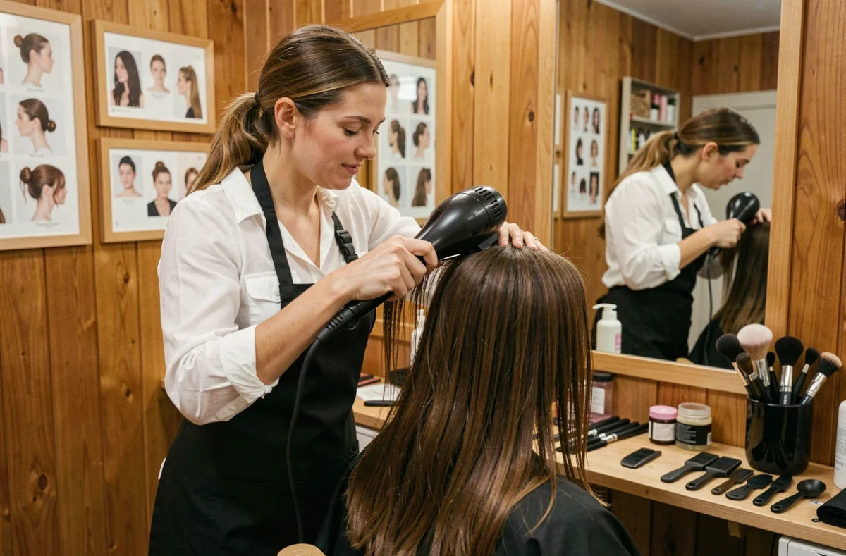 Coiffeuse soufflant les cheveux d'une cliente au salon Génération Coiffure à Toul en Meurthe-et-Moselle