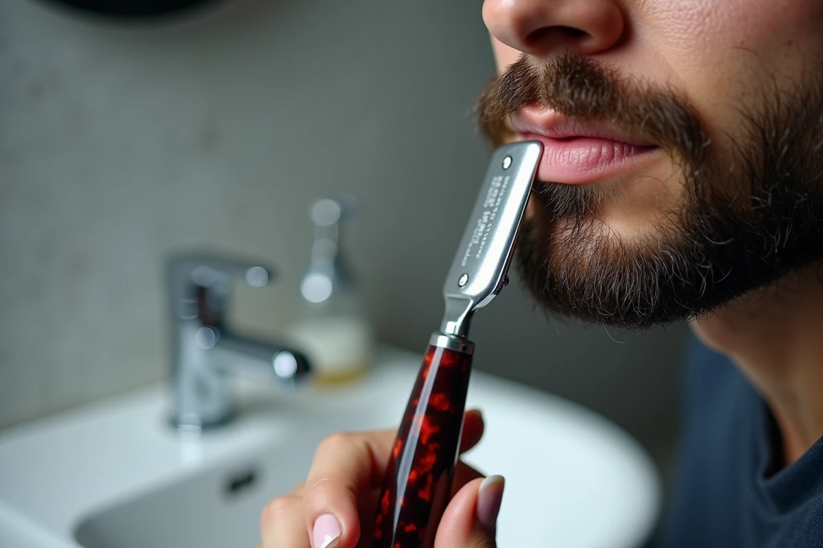 Gros plan d'un rasoir droit contre un contour de barbe et moustache parfaitement définis sur un visage masculin