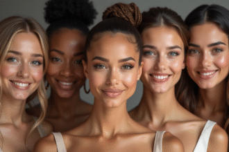 Groupe diversifié avec visages harmonieux et souriants