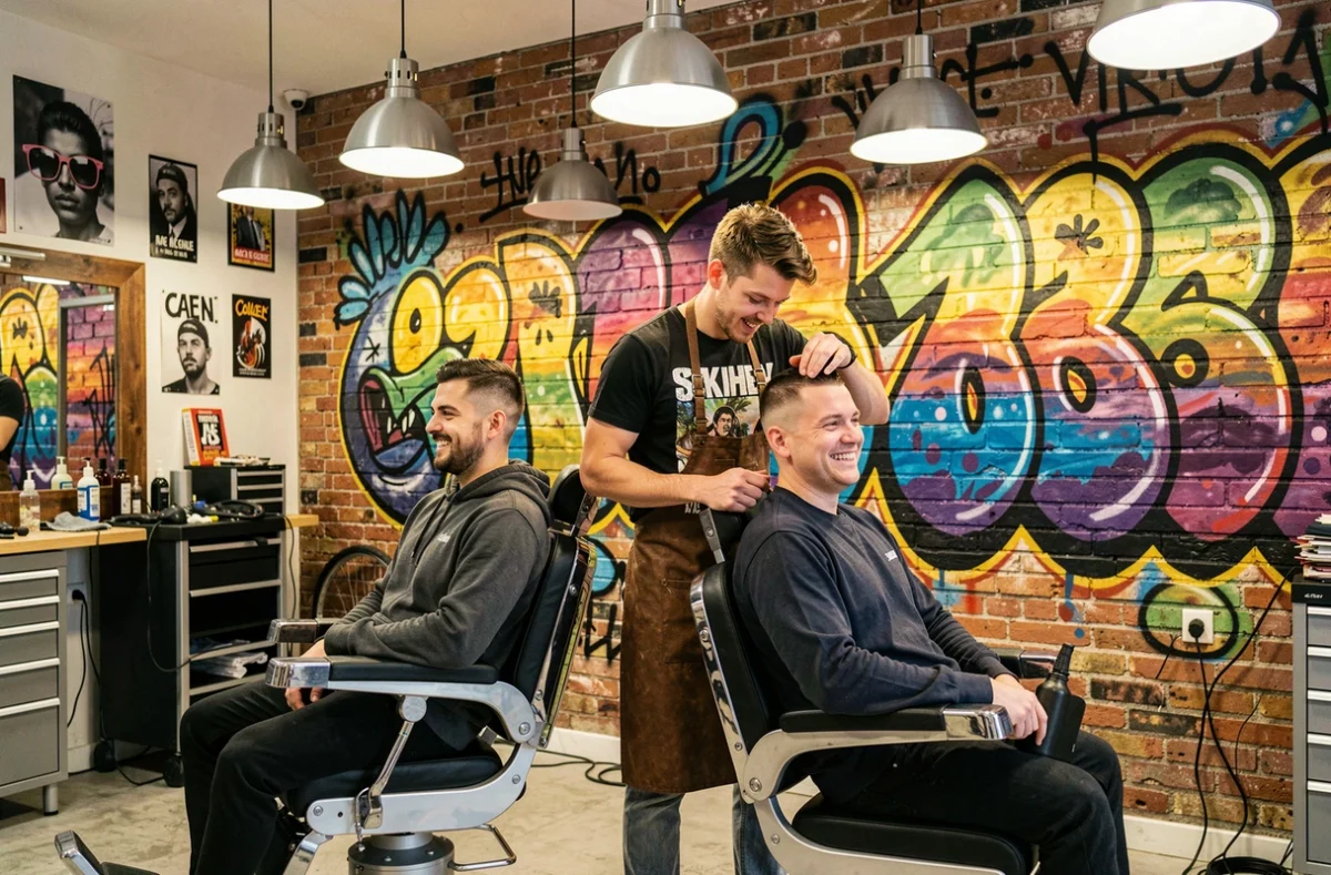 Guzman Barber Street à Caen, barbier réalisant un skin fade dans un salon à l'ambiance urbaine avec murales graffiti