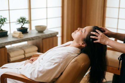 Femme en robe blanche profitant d'un soin head spa avec massage du cuir chevelu dans un salon zen et épuré