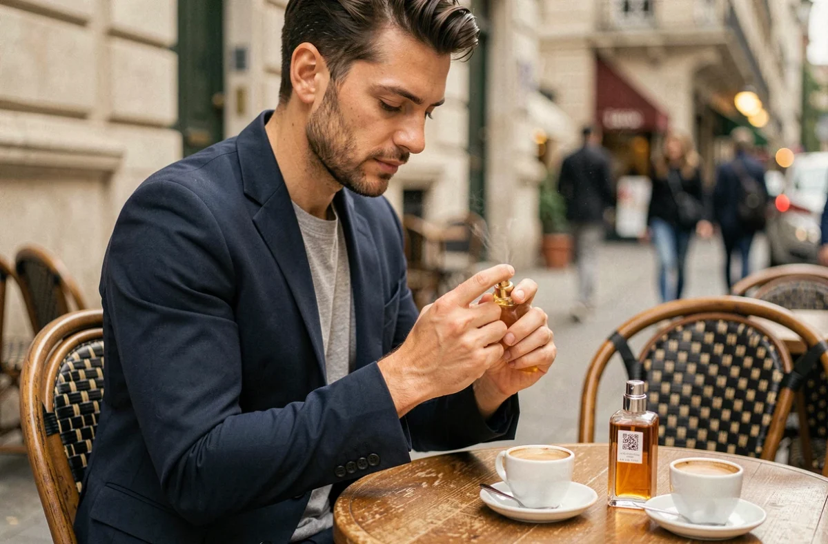 Homme élégant appliquant un parfum dupe Zara au poignet en terrasse de café parisien
