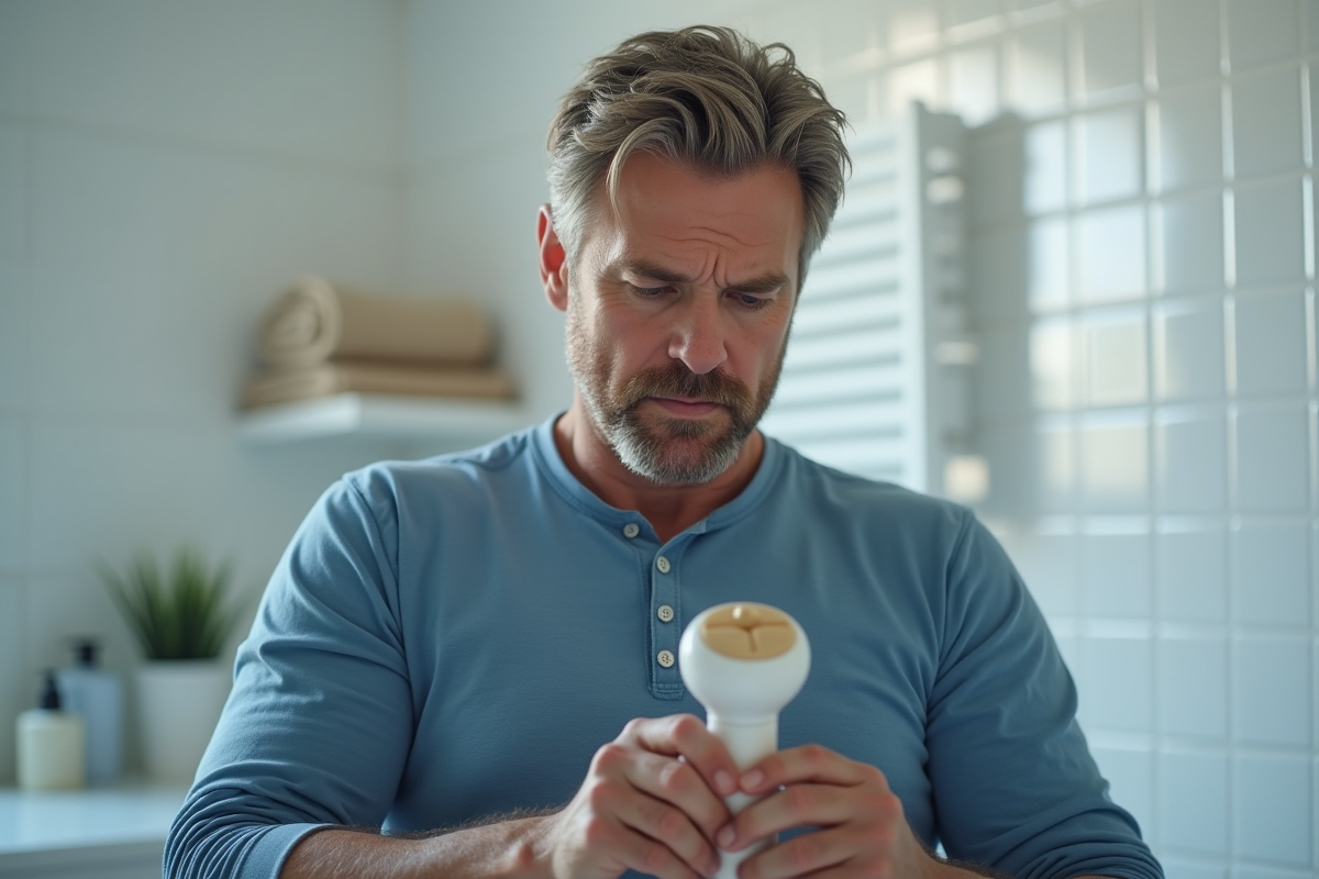 Homme tenant un masseur crâne dans une salle de bain lumineuse