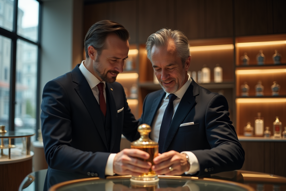 Homme en costume observe un flacon de parfum rare