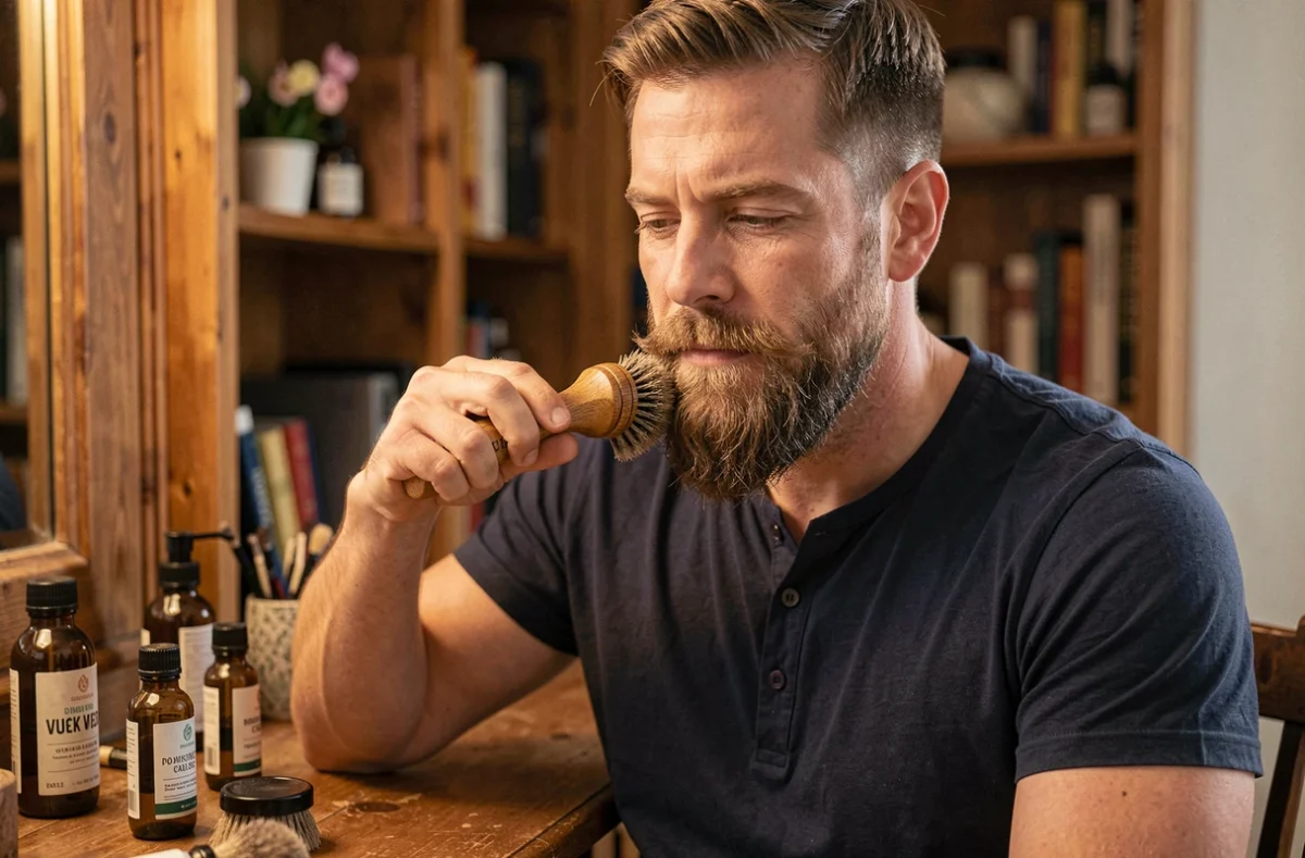 Homme utilisant une brosse à barbe naturelle pour entretenir et démêler sa barbe épaisse et éviter les pointes cassantes