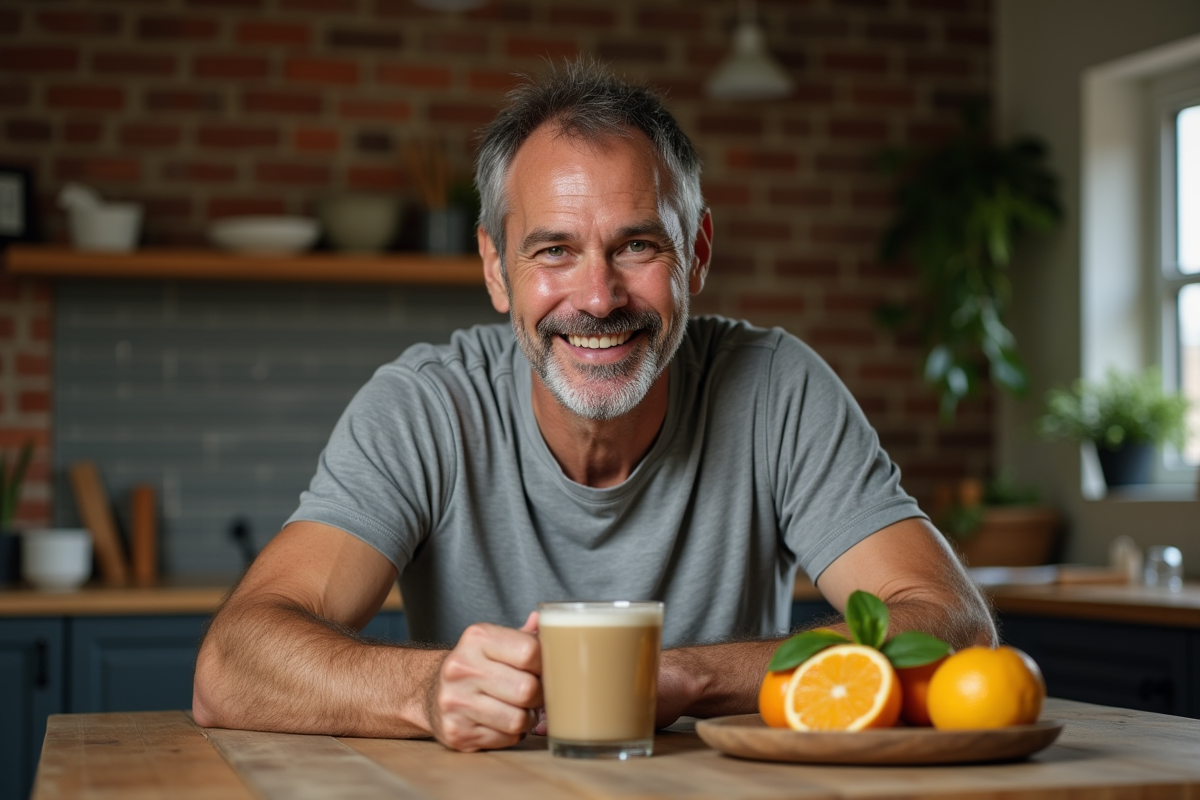 Homme buvant un bouillon collagen riche au citron