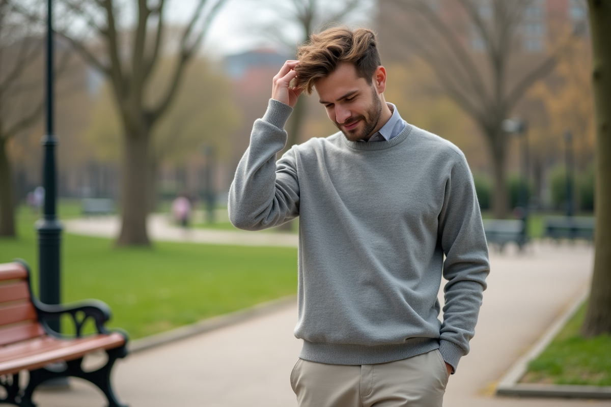 Homme jeune coiffant ses cheveux dans un parc urbain