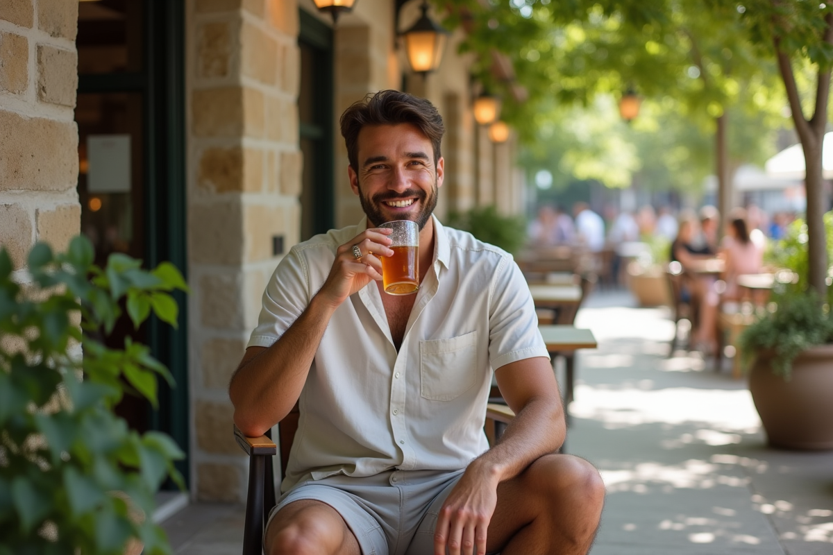 Jeune homme sirotant un iced tea en terrasse en ete