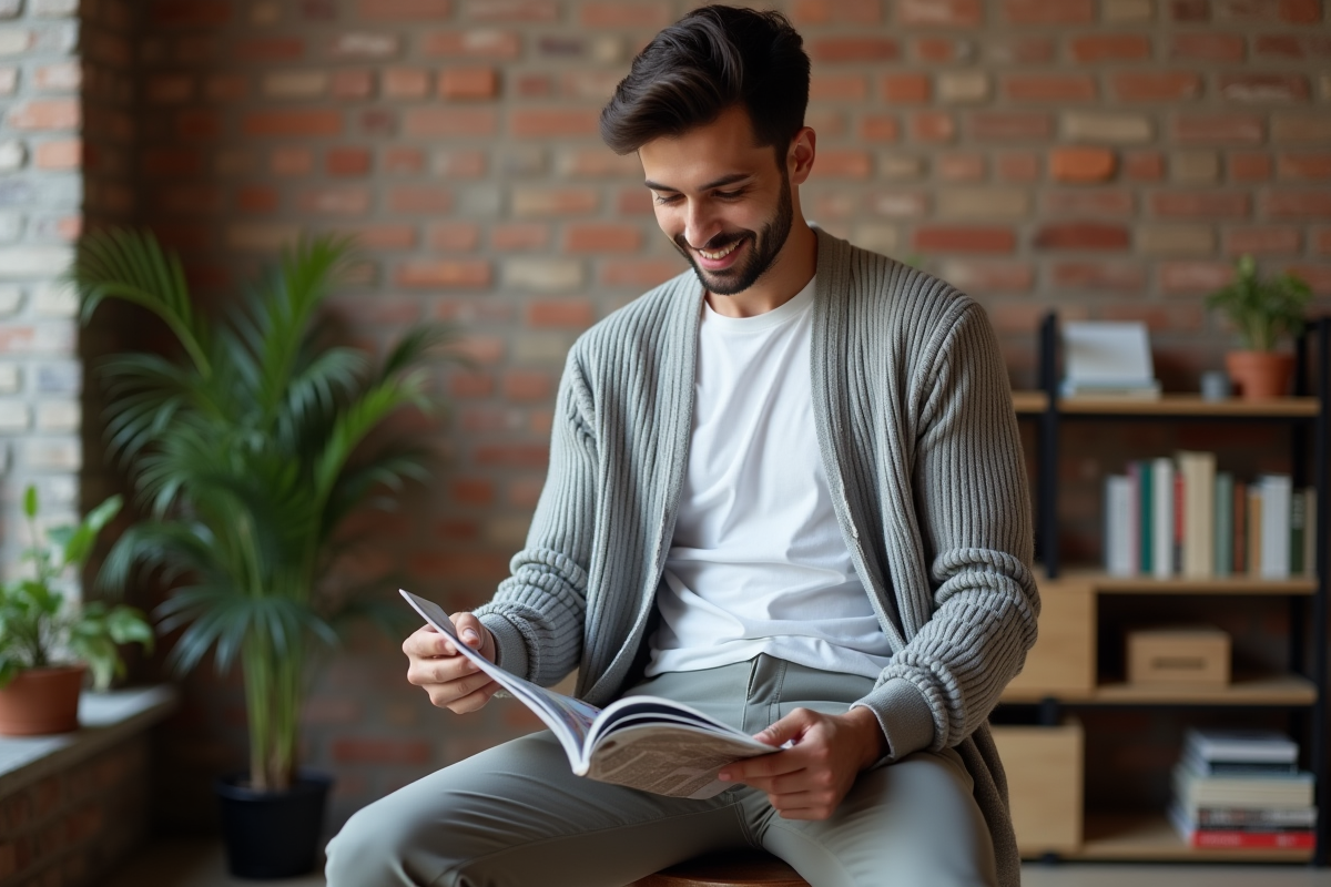 Homme en cardigan fin dans un loft moderne