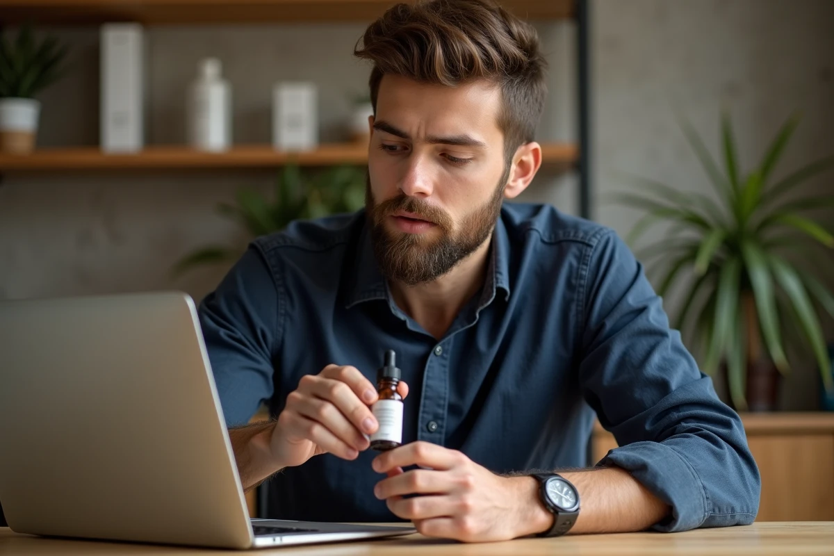 Homme lisant l'étiquette d'un sérum Typology à son bureau à domicile pour choisir le bon soin pour sa peau