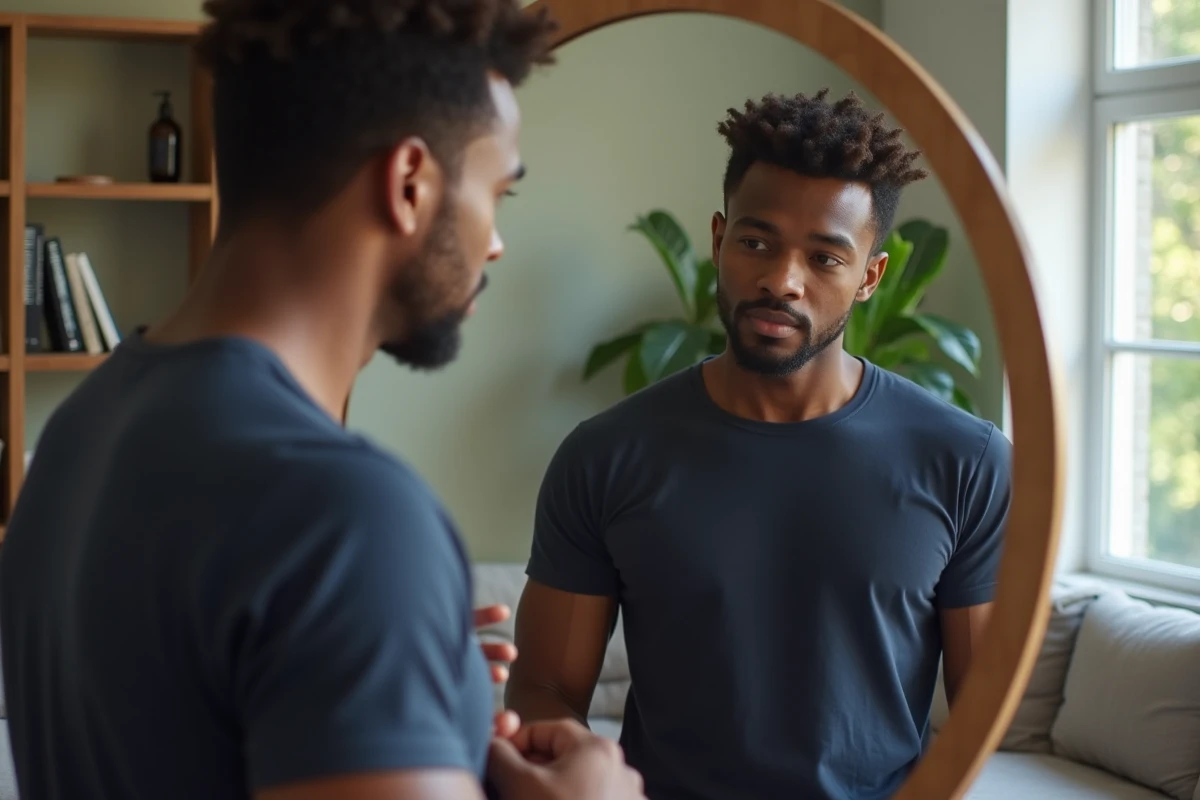 Homme regardant ses cheveux bouclés dans un miroir en salon lumineux
