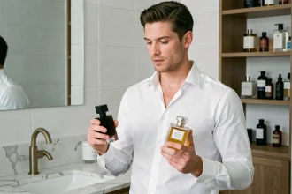 Homme comparant un parfum Zara dupe et un parfum de marque sur un plan vasque en marbre