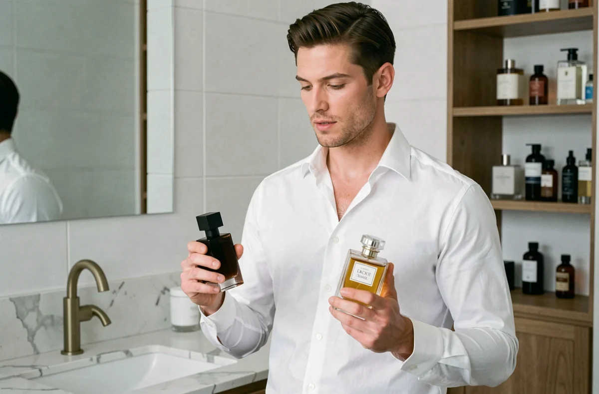 Homme comparant un parfum Zara dupe et un parfum de marque sur un plan vasque en marbre