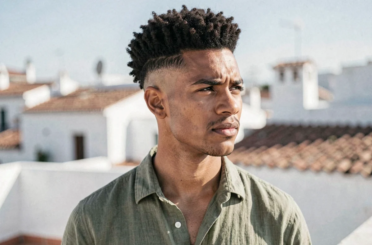 Homme avec une coupe dégradé espagnol sur cheveux frisés afro en extérieur urbain méditerranéen