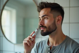 Homme utilisant un dermaroller sur sa barbe dans une salle de bain moderne