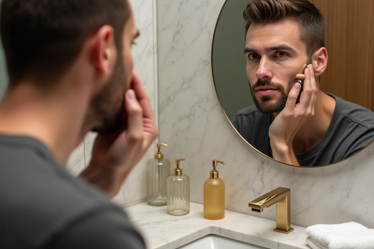 Homme utilisant un dermaroller sur le visage pour améliorer le grain de peau