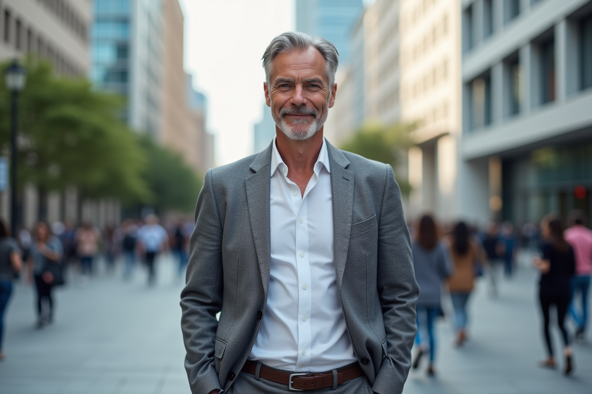 Homme mature souriant dans une place urbaine animée