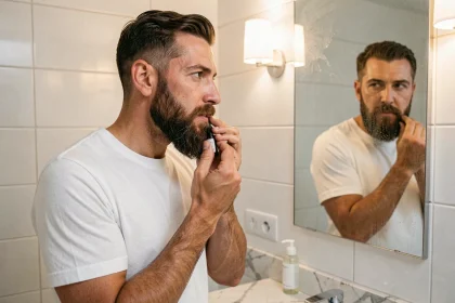 Homme appliquant de l'huile à barbe avec les doigts dans une salle de bain moderne pour éviter les pointes sèches et cassantes