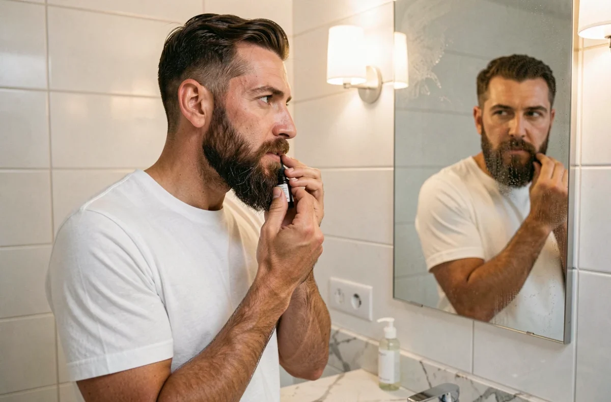 Homme appliquant de l'huile à barbe avec les doigts dans une salle de bain moderne pour éviter les pointes sèches et cassantes