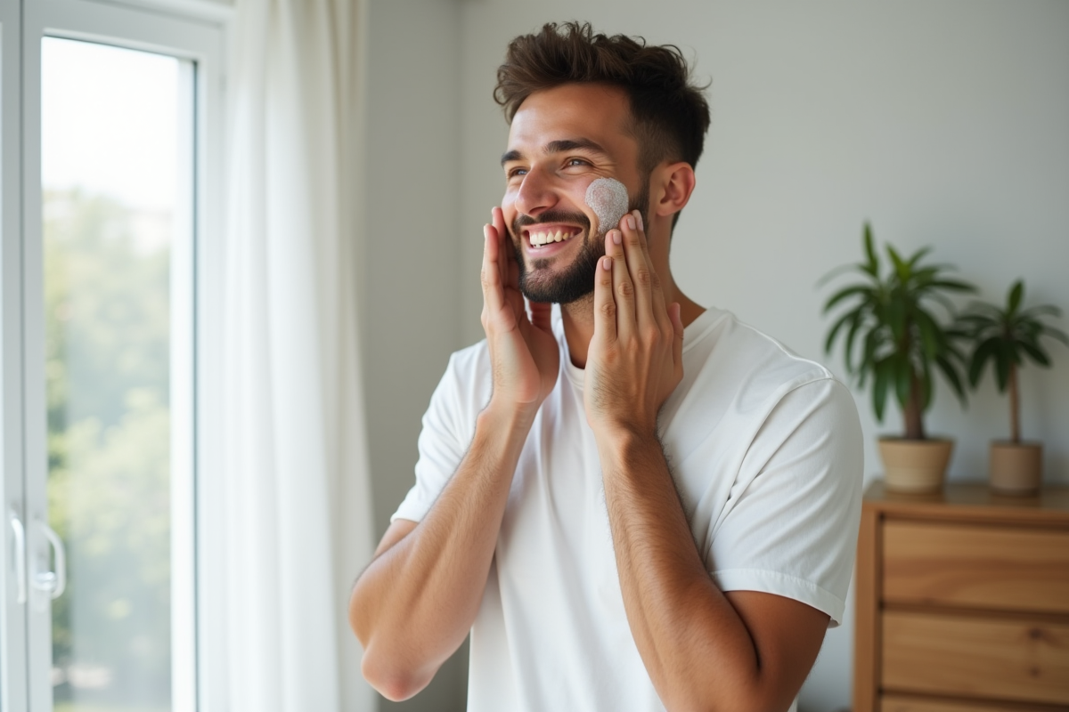 Homme appliquant un toner visage dans sa chambre lumineuse