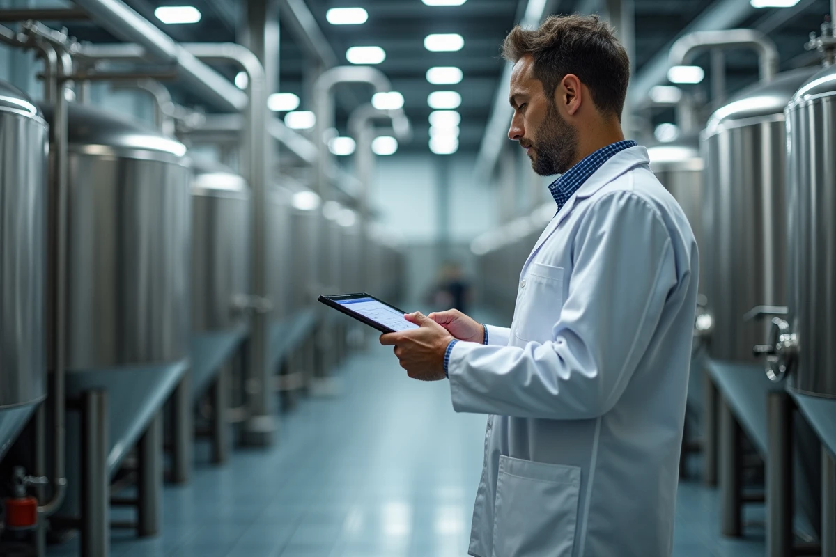 Homme en laboratoire vérifie des graphiques sur tablette