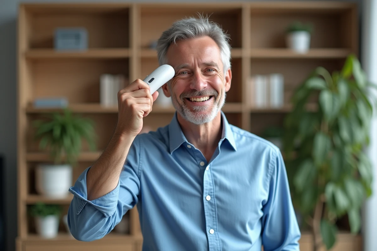 Homme souriant utilisant un laser LYMA dans son salon lumineux