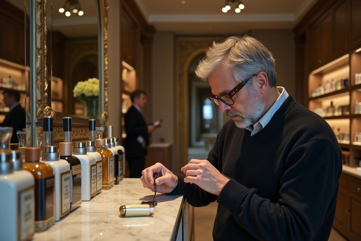 Homme dégustant un parfum dans une boutique chic à Paris