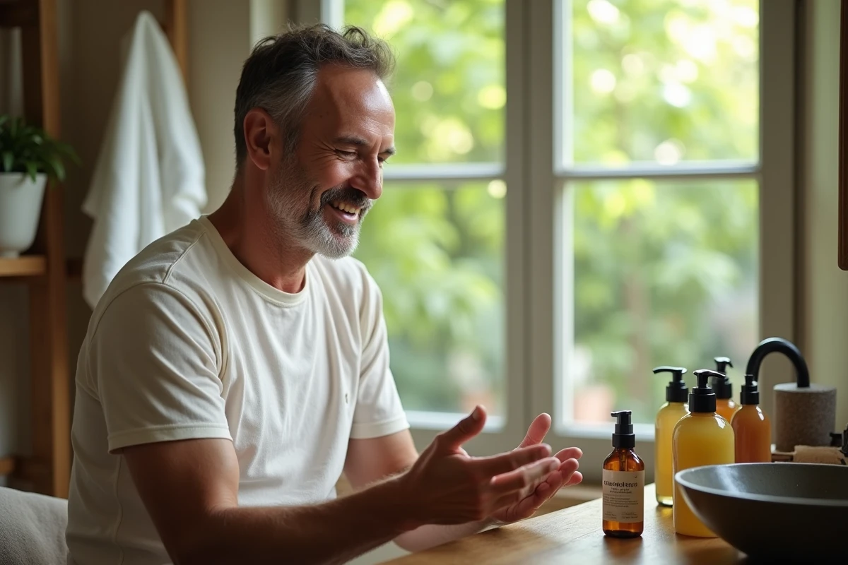 Homme versant du shampoing dans sa main dans un cadre naturel