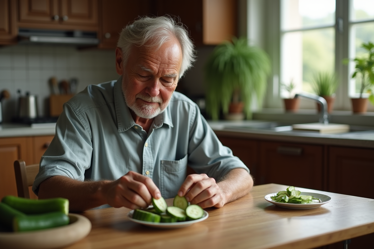 Homme préparant des tranches de concombre dans la cuisine