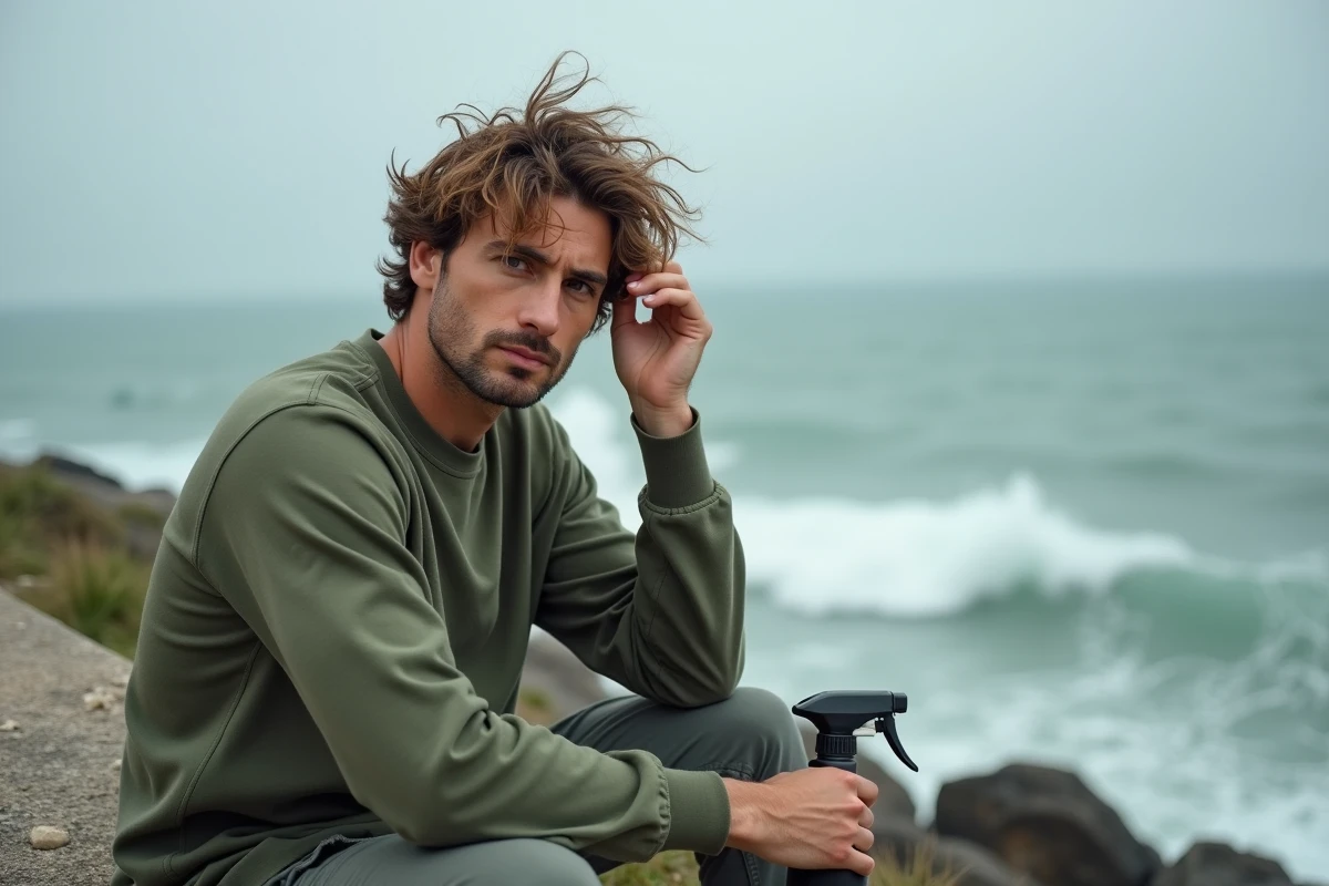 Homme aux cheveux texturés par le sea salt spray assis sur un muret au bord de la mer avec vue sur l'océan