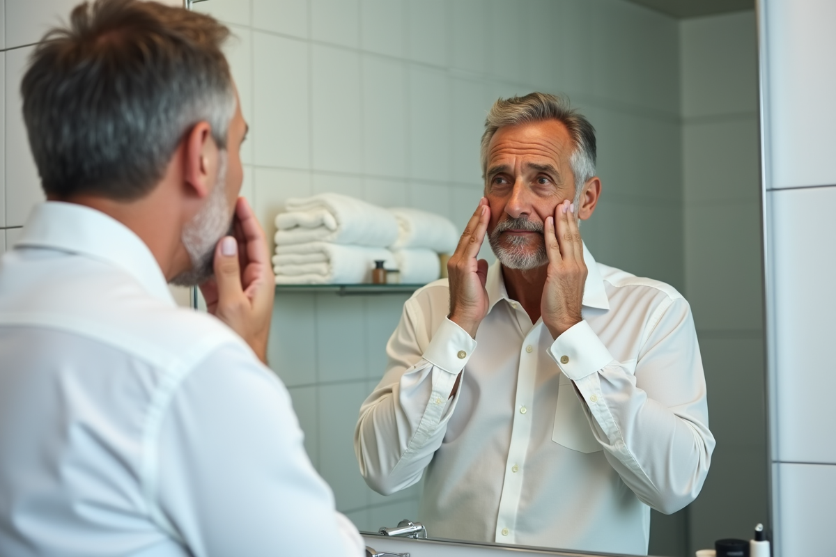 Homme mature appliquant un serum visage dans une salle de bain moderne